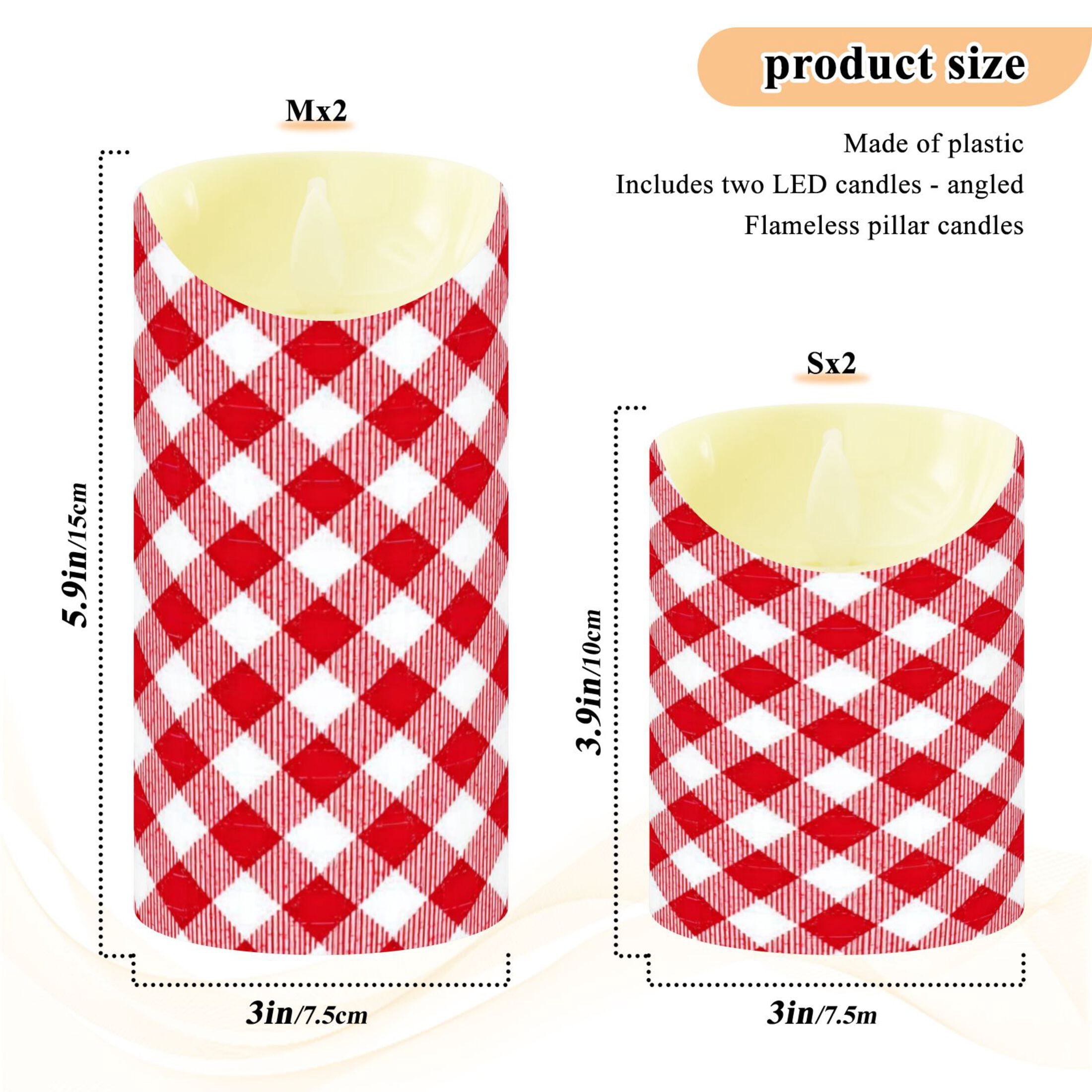 Iauyy Flameless Candles Battery Operated LED Pillar Candles with Remote and Timer, Red and White Checkered Pattern Set of 2 （M)