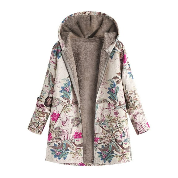 Women's Retro Print Hooded Jacket - Long Sleeve Zip Up Fleece Lined Coat Oversized Thick Composite Sherpa Pullover Vintage Floral Winter Warm Outerwear