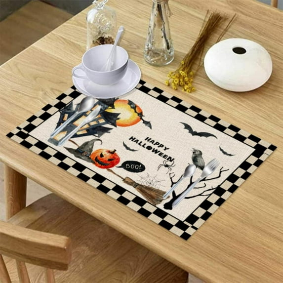 Trick or Treat Placemats for Dining Table- Halloween Pumpkin Bat Stripe Pattern Table Mats Washable Outdoor Indoor Placemats for Home Party Wedding Holiday Decor, Set of 4