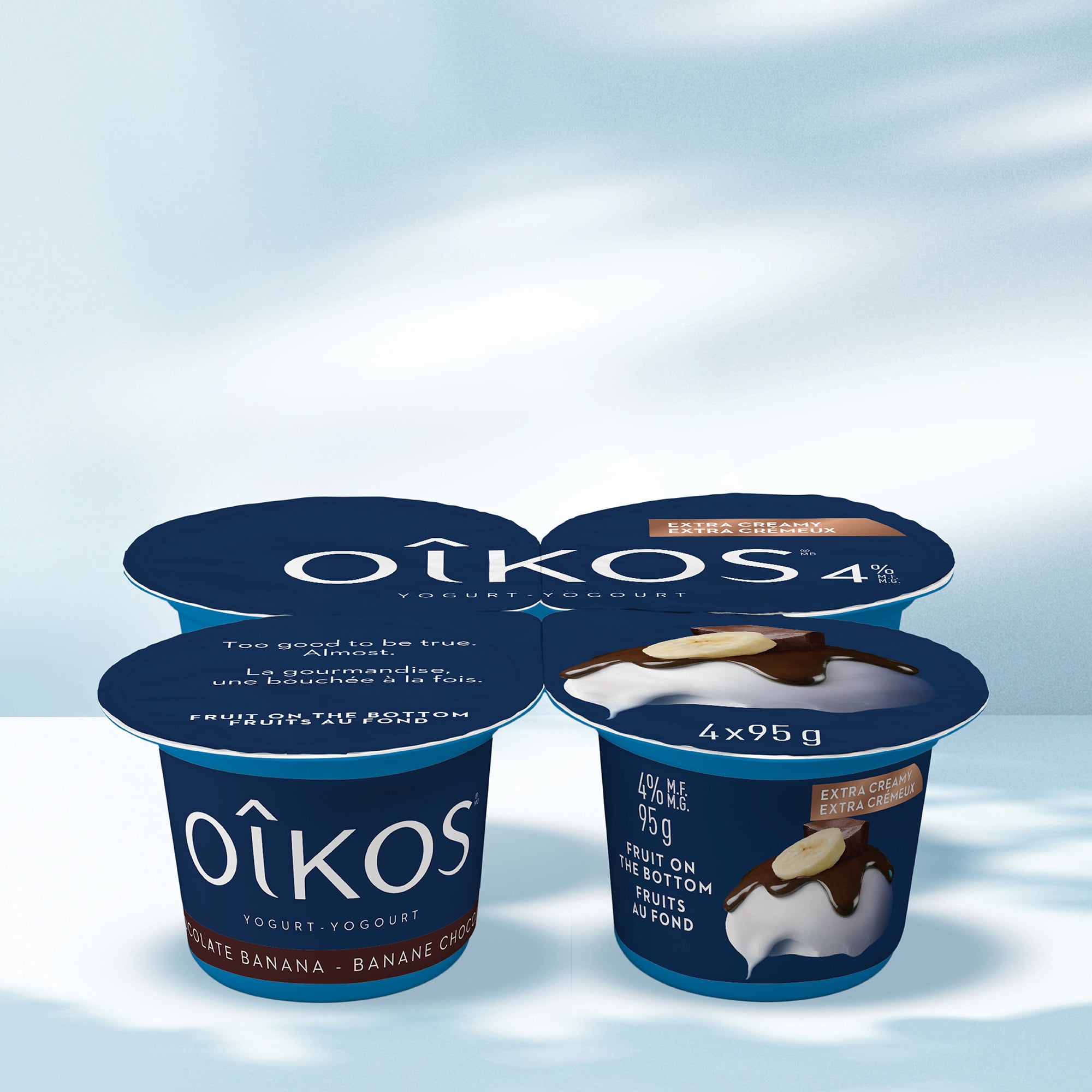 Oikos Yogourt Grec, Extra Crémeux, Banane Chocolat, 9% M.G., Fruits au fond 4 x 95 g