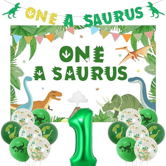 1st Birthday Decorations for Boys - Dinosaur Themed First Birthday Party Decor With Backdrop, Glitter Banner, Foil Number Balloon, and Print Balloons