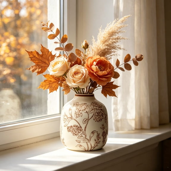 Vintage Ceramic Flower Vase, Cream White Decorative Vase For Fall Home Decor, Vase For Table Bookshelf Mantel Bedroom Living Room Entryway, Ceramic Flower Vase For Home Decor