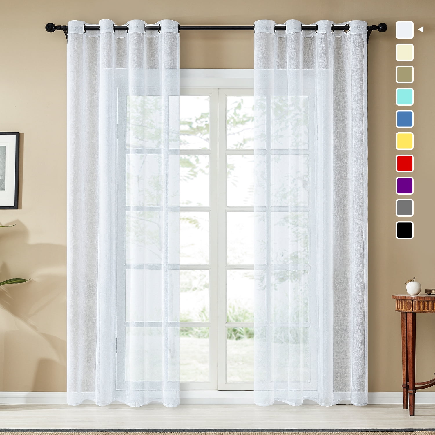 Topfinel White Grommet Sheer Curtains Faux Linen Solid Window Curtains