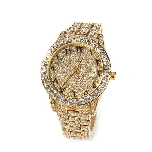 Yellow Gold Finish Solitaire Bezel Unisex Simulated Diamond Bling Stainless Steel Iced Out Hip Hop Arabic Numeral Date Function Watch 42mm