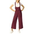 thumbnail image 3 of INSPIRE CHIC Women's Button Front High Waist Belted Straight Fit Overall Jumpsuit L Burgundy, 3 of 8