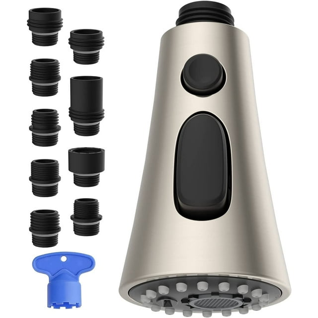 FrostHike Pull Down Faucet Head Replacement with 9 Adapters Compatible with Moen Delta Faucet Head, 3 Function Kitchen Sink Faucet Sprayer Head, Brushed Nickel Finish Kitchen Faucet Head