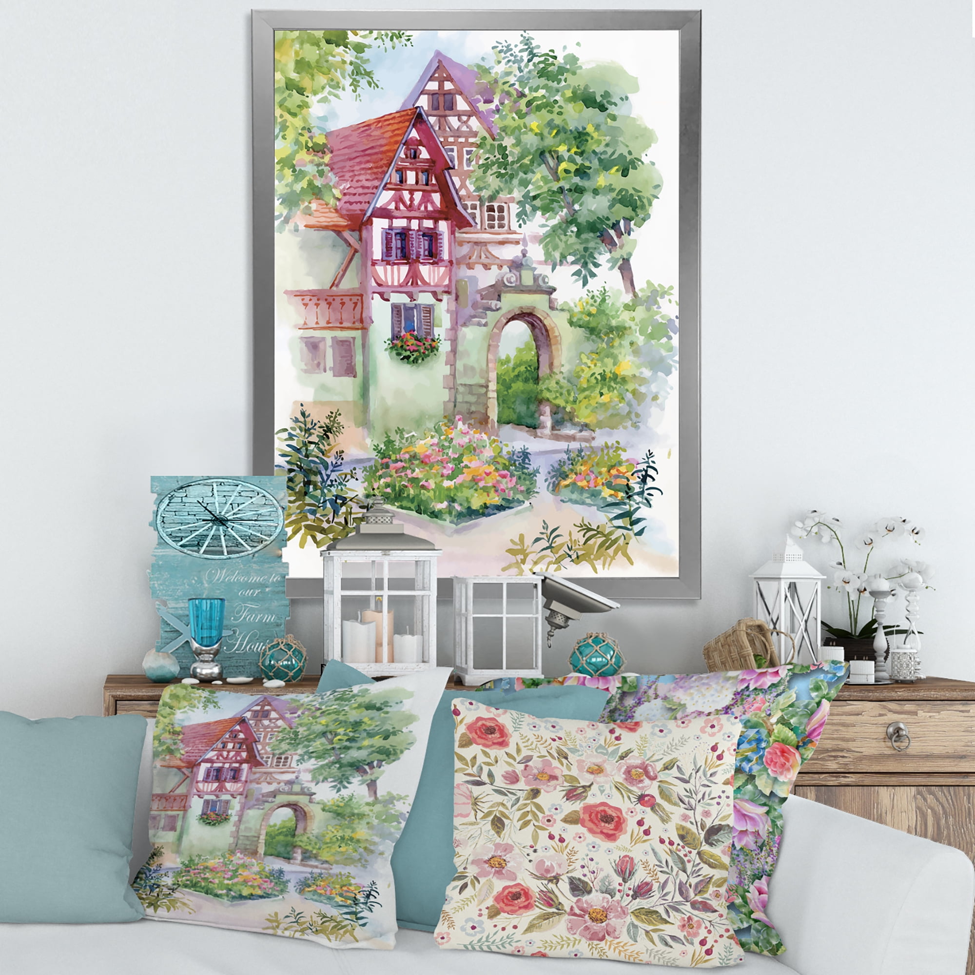 Designart 'Red Rustic House In The Country Side Landscape' Traditional Framed Art Print