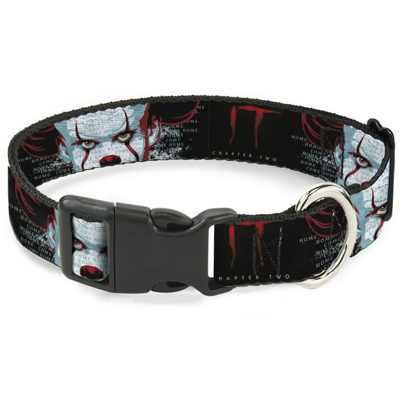 Warner Bros. Horror Movies Pet Collar, Dog Collar Plastic Buckle, It Chapter Two Pennywise Face Close Up Black Red Blues, 7 to 8.5 Inches 0.5 Inch Wide