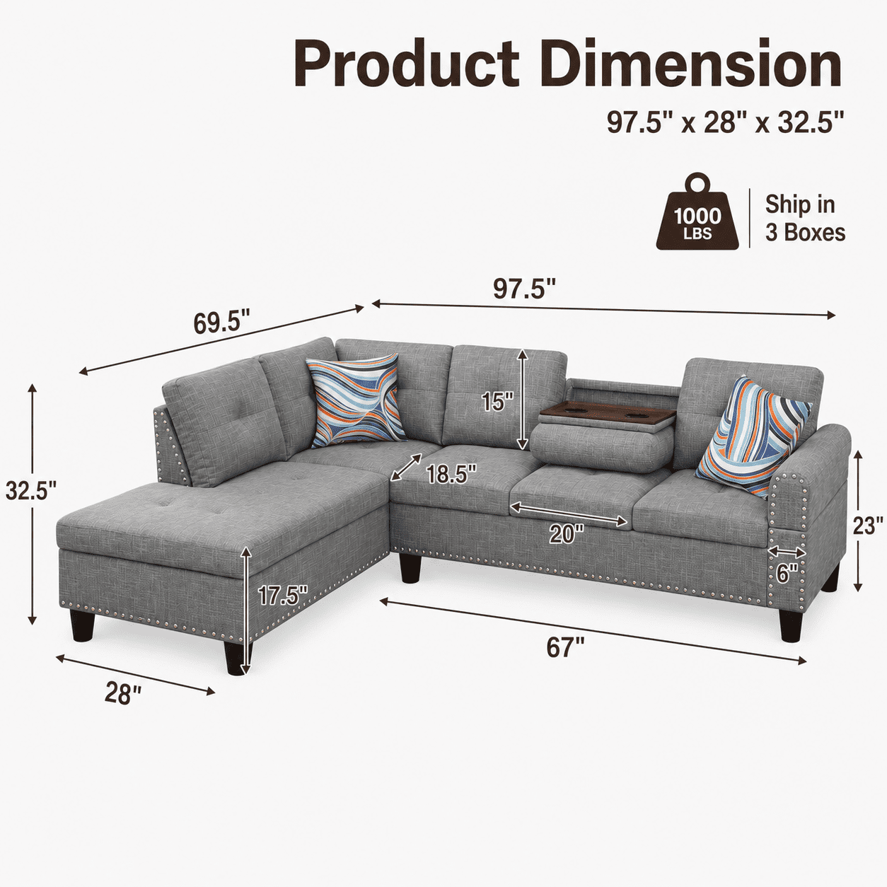 Momspeace 3 Piece Sectional Sofa with Cup Holder, 98" Linen L-Shaped Sofa for Living Room, Gray