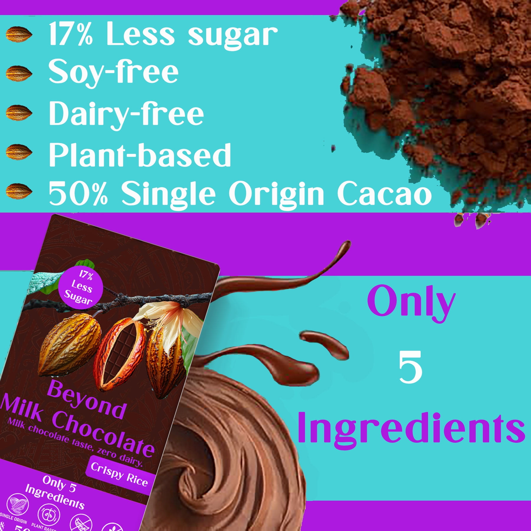 Beyond Milk Chocolate w/ Crispy Rice Bar - Dairy-free | 2.2 Ounce (Pack of 6) | Organic, Low Sugar, 50% Cacao, Plant Based, Dairy Free, Gluten-Free | Single Origin