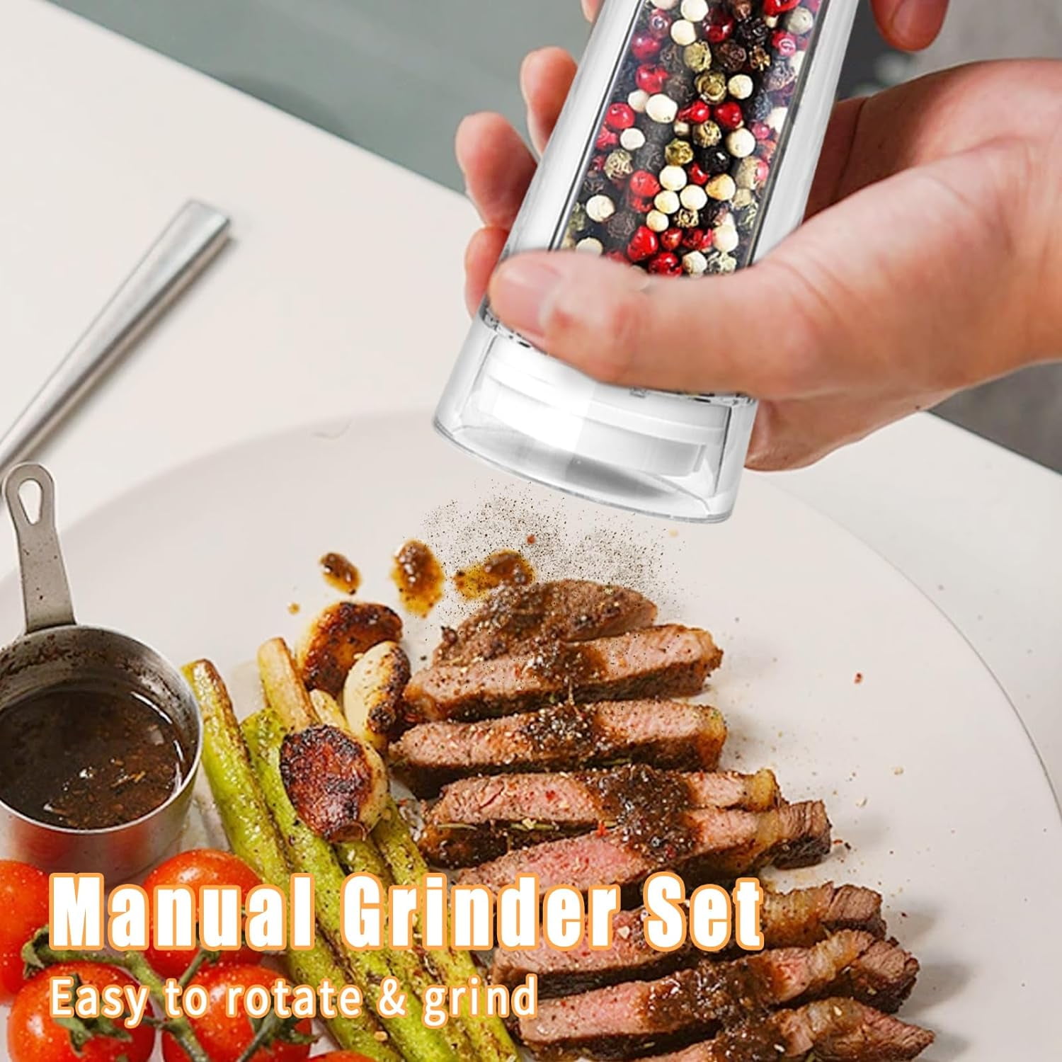 Acrylic Salt and Pepper Grinder Set, Haomacro Refillable Sea Salt Pepper Mill Grinder, 2-Piece Manual Pepper Mills Stainless Steel Spice & Salt Shakers with Adjustable Coarseness