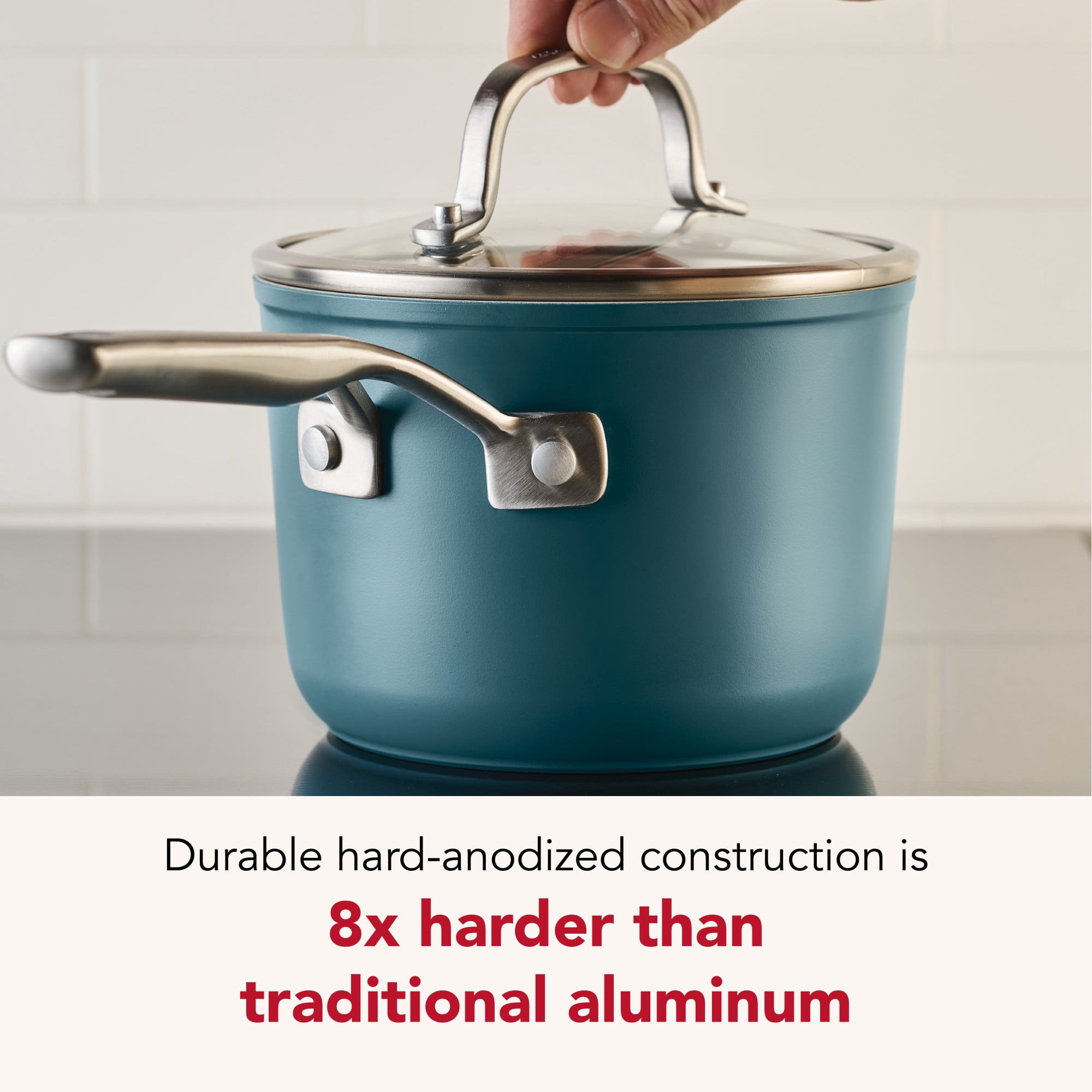 KitchenAid Hard-Anodized 2 Quart Ceramic Induction Saucepan with Lid, Dishwasher Safe and Oven Safe to 500°F, Agave Blue