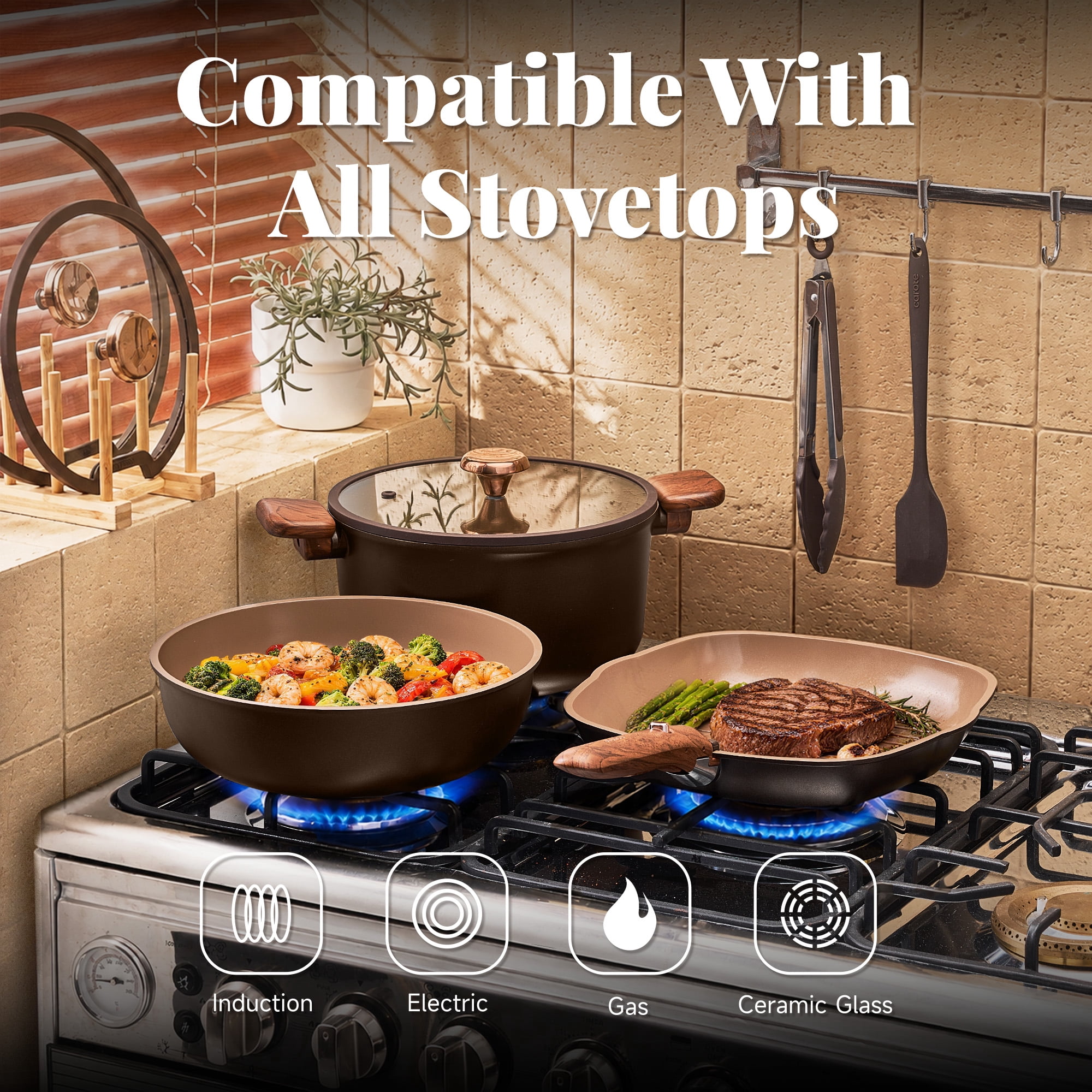 Carote 24pc Detachable Cookware Set, Chocolate, Ceramic Nonstick, Die-Cast Aluminum