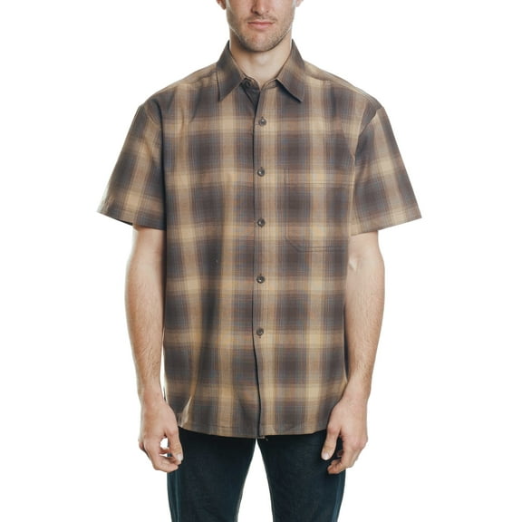 YAGO Men's Casual Plaid Short Sleeve Woven Button Down Shirt Brown AB21 (Large)