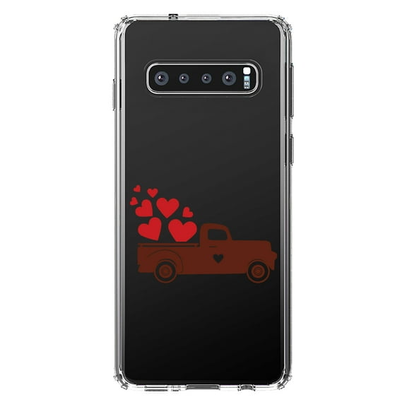 DistinctInk Clear Shockproof Hybrid Case for Samsung Galaxy S10  PLUS (6.4" Screen) - TPU Bumper Acrylic Back Tempered Glass Screen Protector - Valentine Truck Red Hearts