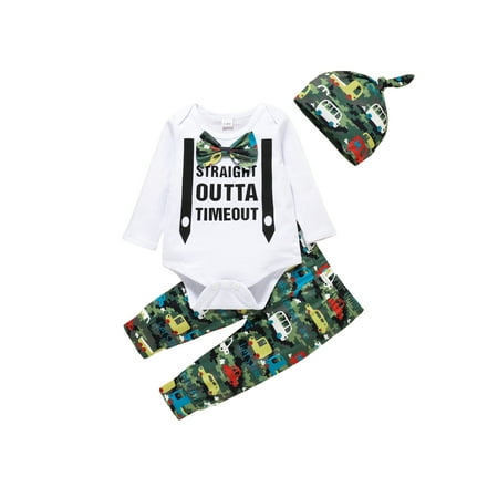 

Sunisery Newborn Baby Boy Fall Winter Clothes Long Sleeve Romper Tops Cartoon Print Pants Hat Set 3Pcs Outfits White 6-12 Months