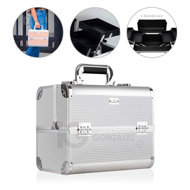 Neceser Cosmetiquera Profesional de Belleza con Refuerzos De Aluminio Divitech® Plata Acanalado Divitech® Neceser Basic