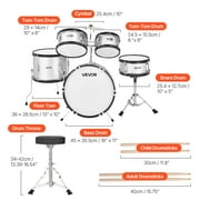 VEVOR Kids Drum Set,5-Piece 16 in Junior Drum Sets, Beginner Drums Set with Adjustable Throne, Cymbal & Two Pairs of Drumsticks, Musical Learning Drums Kit,(Silver)