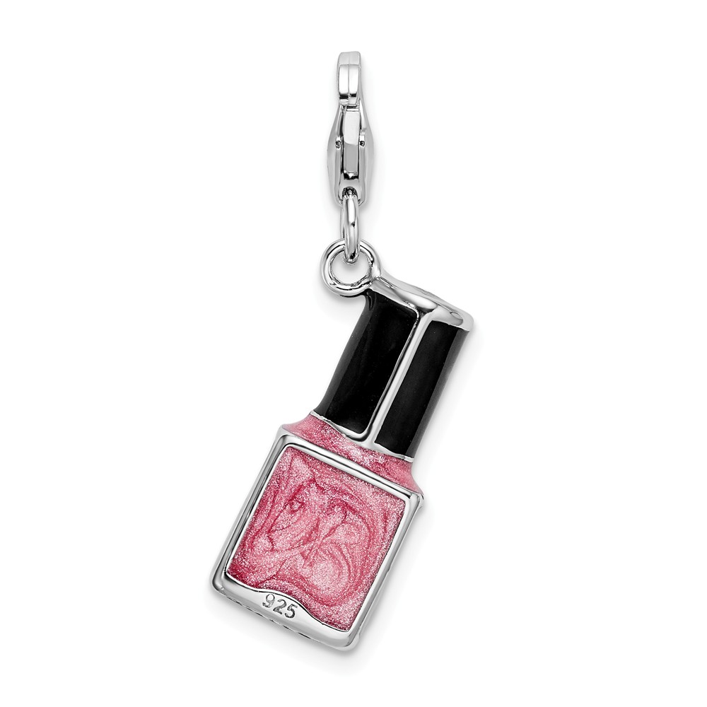 925 Sterling Silver RH 3-D Enameled Pink Nail polish Bottle With Lobster Clasp Charm Pendant; for Adults and Teens; for Women and Men