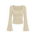 thumbnail image 7 of DailyTrove Women Square Neck Flare Long Sleeve Top, Solid Color Ruched Slim Fit Casual Ribbed Blouse Shirts, 7 of 7