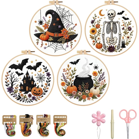 Halloween Embroidery Kit, Skeleton Cross Stitch Kits, 4 Set Craft Kits for Beginners with Pre-Printed Embroidery Fabric, Hoops, Step-by-Step Instructions, Color Threads & Needles (Halloween-4 Set)