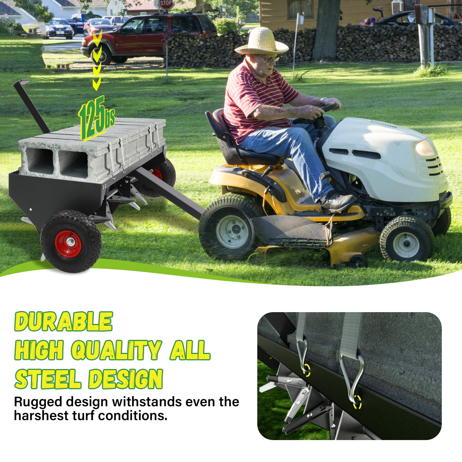 48-Inch Tow Behind Lawn Plug Aerator with Universal Hitch, Lawn Aerator Tow Behind with 30 Galvanised Steel Tines,Tray and Inflatable Wheels for Gardens, Lawns, Farms