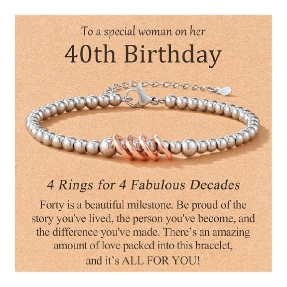 40th Birthday Bracelet Gift for Women, 4 Rings for 4 Decades, Meaningful Birthday Keepsake with Message Card, Adjustable Beaded Bracelet Gift for Her