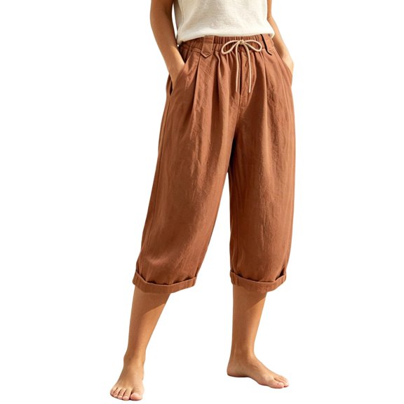 CUSTG Women Casual Pants 3/4 Capri Trousers Summer With Pockets Elastic Waistband High Waist Trousers Loose Lightweight Leisure Style Linen Pants Women