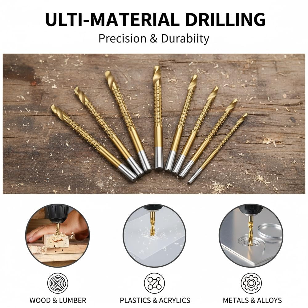 Twist Drill Bit Set – Titanium Coated HSS High-Speed Precision Tool for Wood, Plastic, Aluminum and Metal Drilling, 6 Sizes 3-8mm