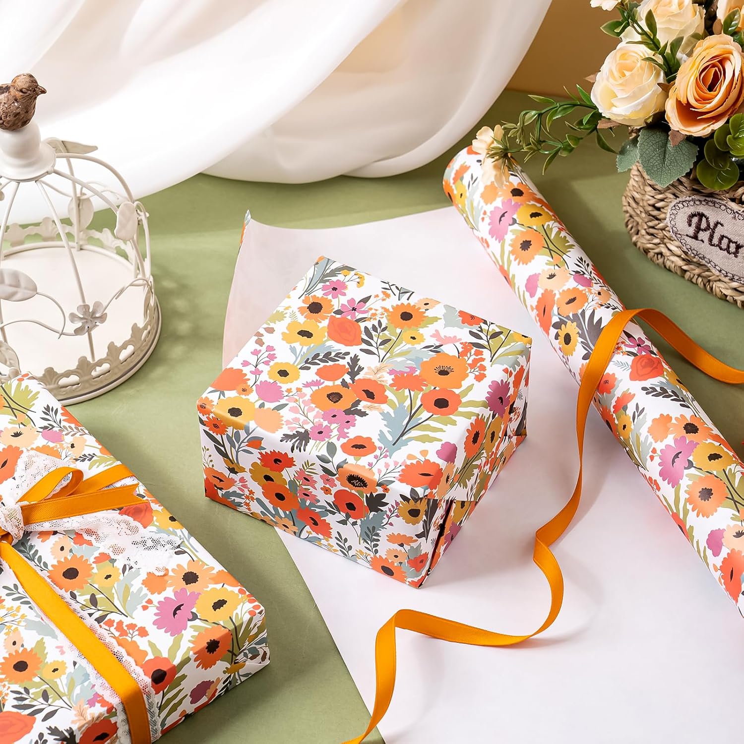 AllWays Plaza Kraft Floral Wrapping Paper Roll - Mini Roll - 17 Inch x 33 Feet - Bright Summer Flower Wrapping Paper, Perfect for Wedding, Birthday, Bridal Shower, Tea Party