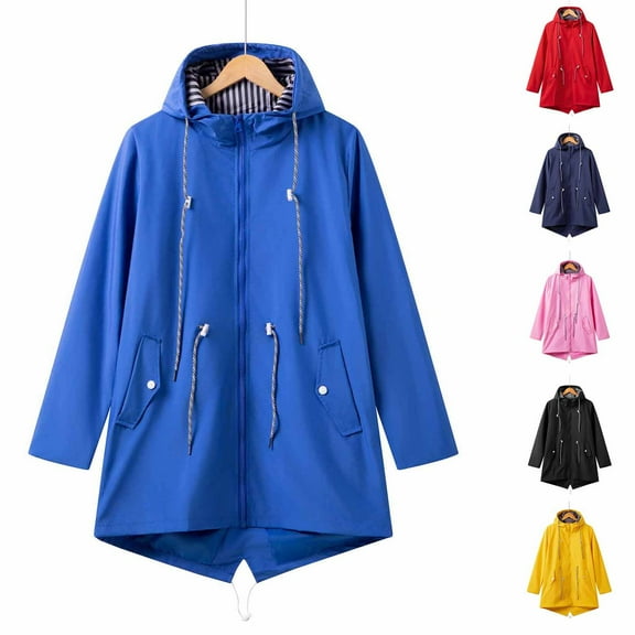 Wiyuqeen Long Rain Jacket for Women Waterproof Windbreaker Travel Jacket Oversized Full Zip Solid Raincoats with Hood Pockets