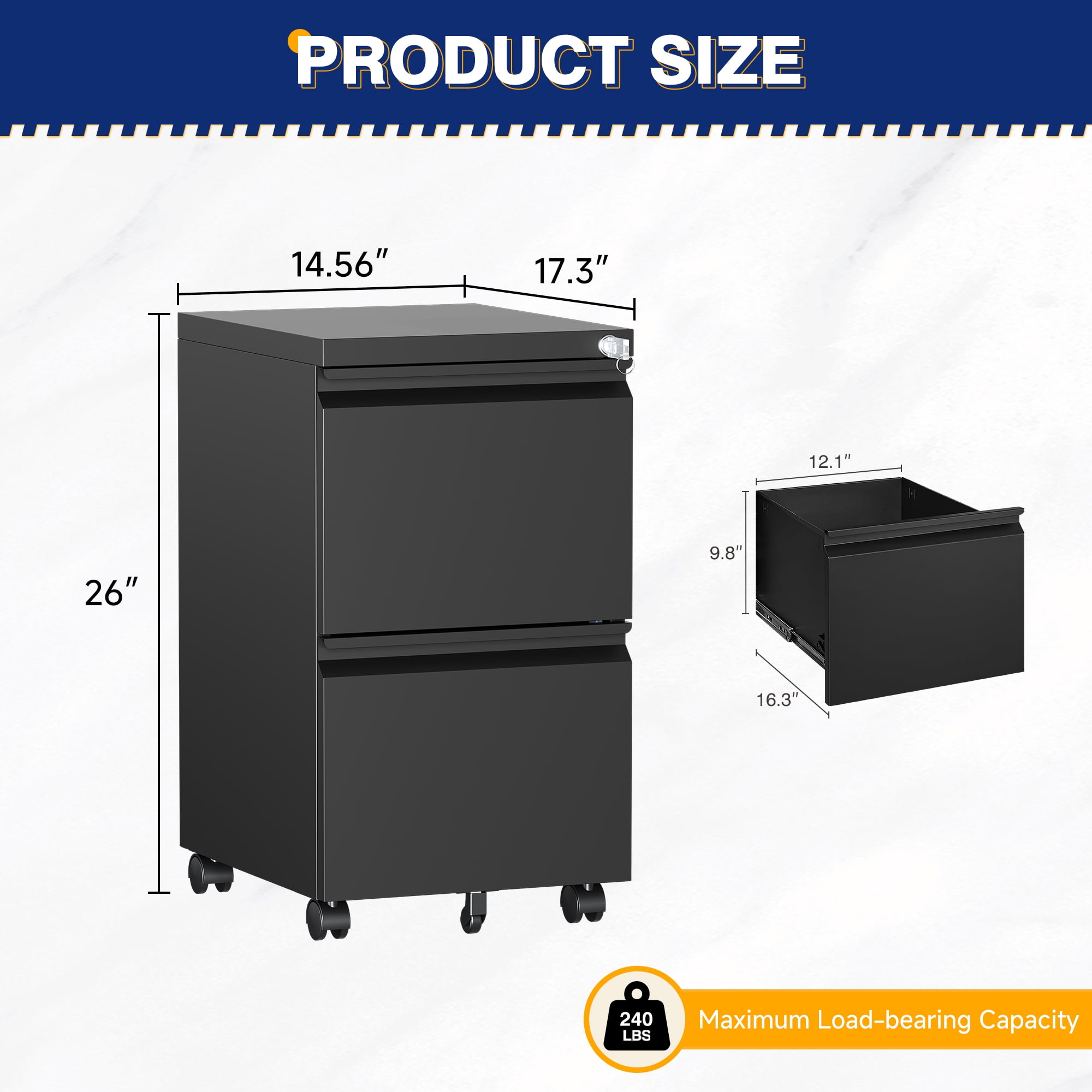 AUHUP 2 Drawer Mobile File Cabinet with Lock, Metal Filing Cabinet with Wheels for Legal/Letter/A4 File, Under Desk File Cabinets for Home Office, Black,Fully Assembled