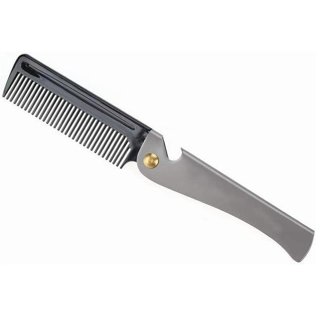 Peigne à Barbe, Peigne de Mise en Forme à Moustache Pliable avec Poche en Acier Inoxydable Peigne Rond Dents Peigne à Barbe (Noir + Placage en Acier Inoxydable)
