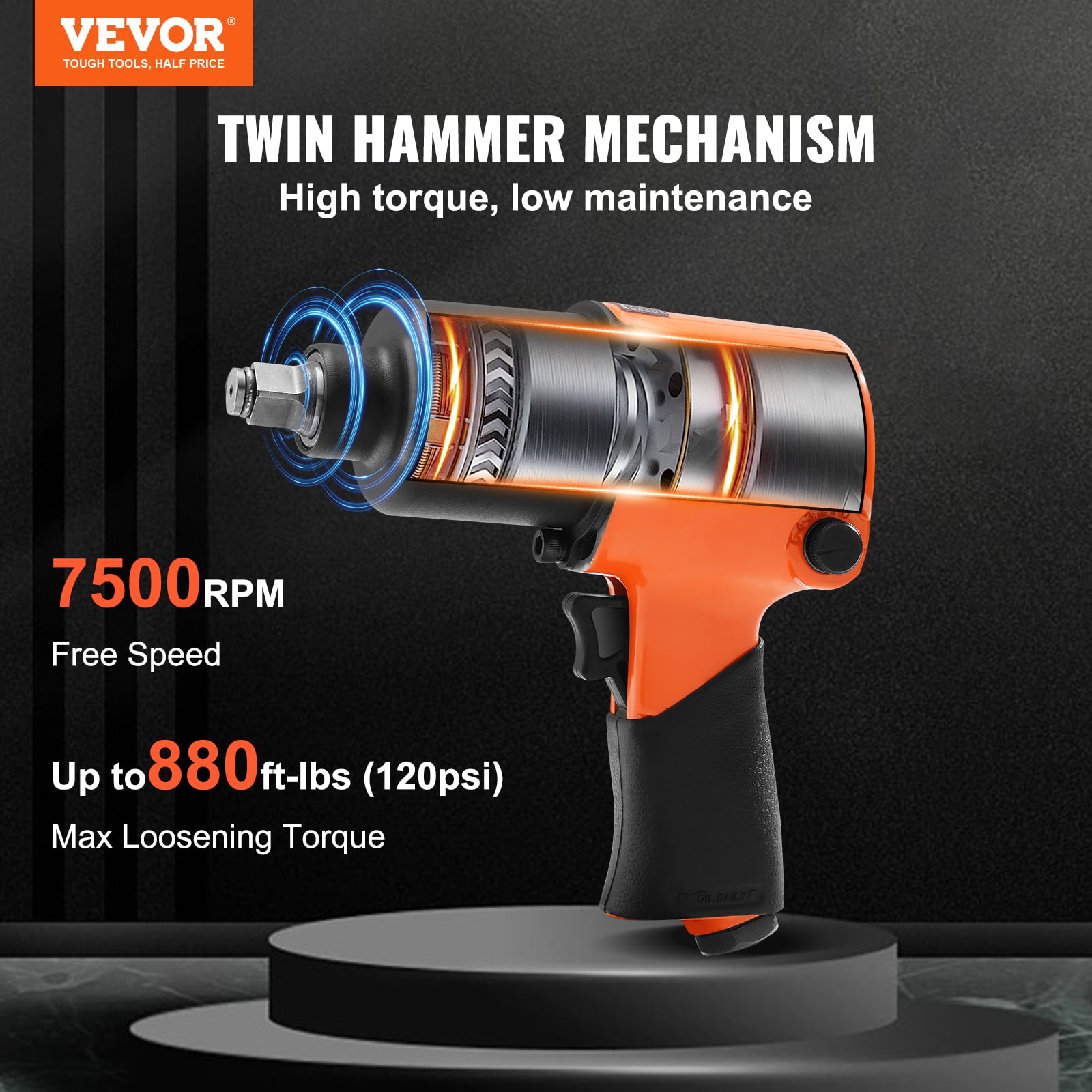 VEVOR Air Impact Wrench, 1/2" Drive Air Impact Gun Up to 880ft-lbs Nut-busting Torque, 7500RPM Lightweight Pneumatic Tool for Auto&nbsp;Repairs&nbsp;and&nbsp;Maintenance