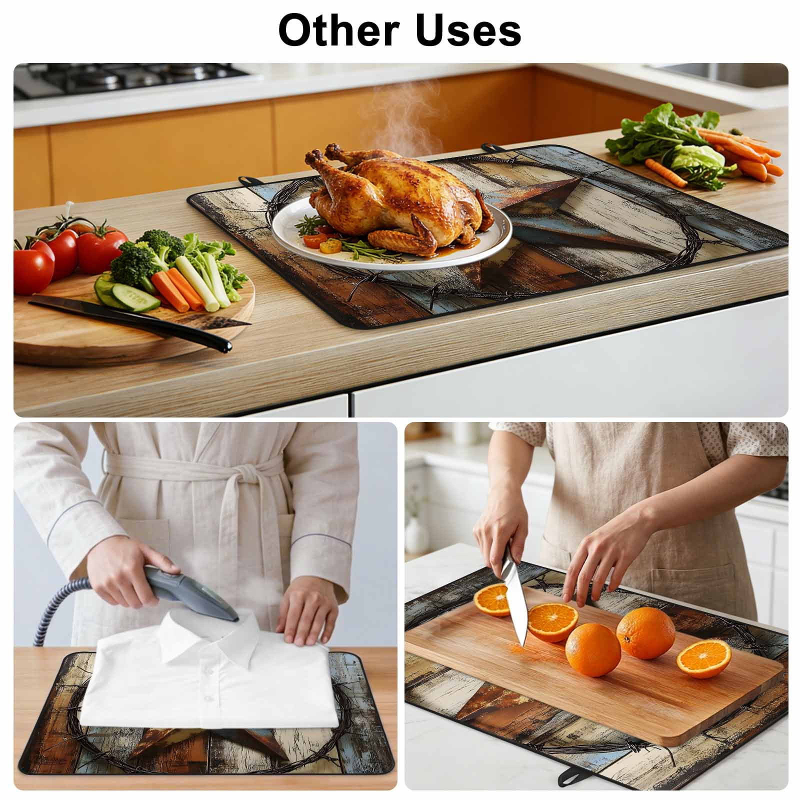 Vintage Farmhouse Stove Top Cover for Electric Stove, Heat-proof & Non Slip Glass Top Stove Cover Protector, Country Western Texas Star Wood Grain Kitchen Flat Cooktop Rubber Mat 24x21 Inches