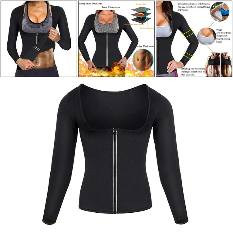 Scarboro Women Hot Neoprene Sauna Suits Long Sleeve Running Workout Jacket  Tops Sweat Waist Trainer Slimming Body Shaper Shirt black Medium 