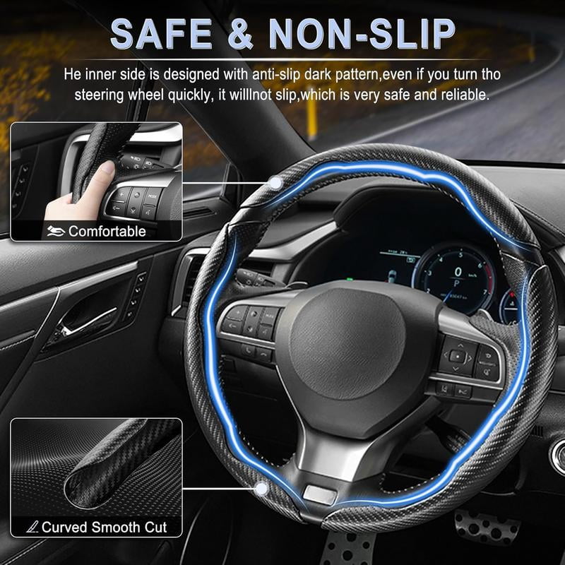 3PCS Carbon Fiber Anti-Skid Steering Wheel Cover, Segmented Design, Universal Fit For 15Inch Car Wheel Cover Protector, Black