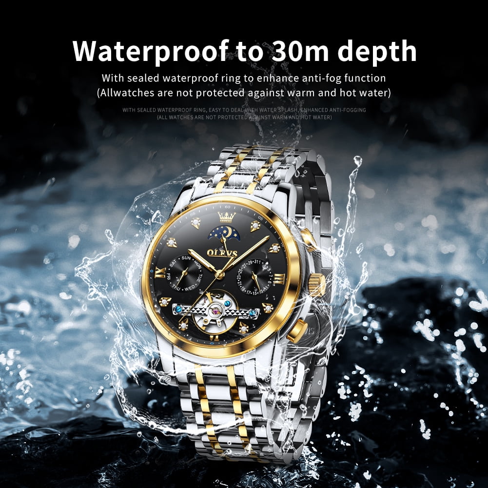 OLEVS Automatic Watches for Men Self Winding Mechanical Skeleton Flywheel Chronograph Luxury Dress Stainless Steel Diamond Moon Phase Waterproof Luminous Mens Wrist Watches Reloj Para Hombre