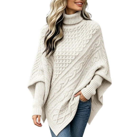 GILIGEGE Women's Turtleneck Poncho Sweaters Cable Knit Casual Pullover Sweater Asymmetrical Drop Shoulder High Neck Long Sleeve Pullover Oversized Knit Casual Fall Winter Going Out Top Beige S