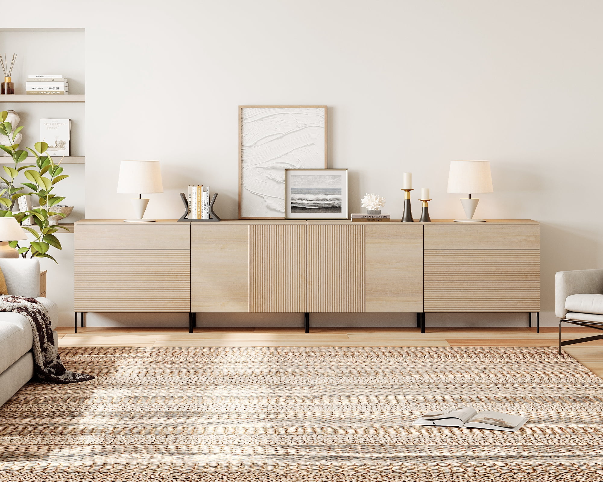 126" Modern Reeded 6-Drawer Dresser Set for Bedroom, Minimalist Chest of Drawers with Storage, Wooden Dresser for Living Room, Bedroom, Entryway