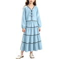thumbnail image 2 of qelini Girls 2 Piece Set 8-15Years V Neck Long Sleeve Top with Bow and Pleated Skirt Elegant Outfit Solid Color 2 Piece Outfit Everyday Wear, 2 of 8