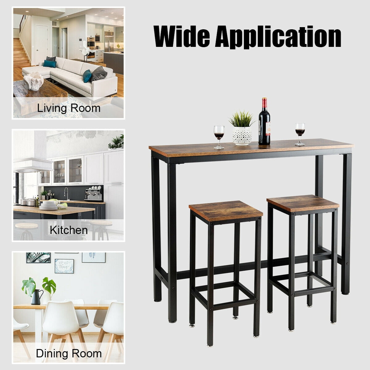 Gymax Counter Height Bar Dining Table Stools Set Rustic Brown, 3 Pieces