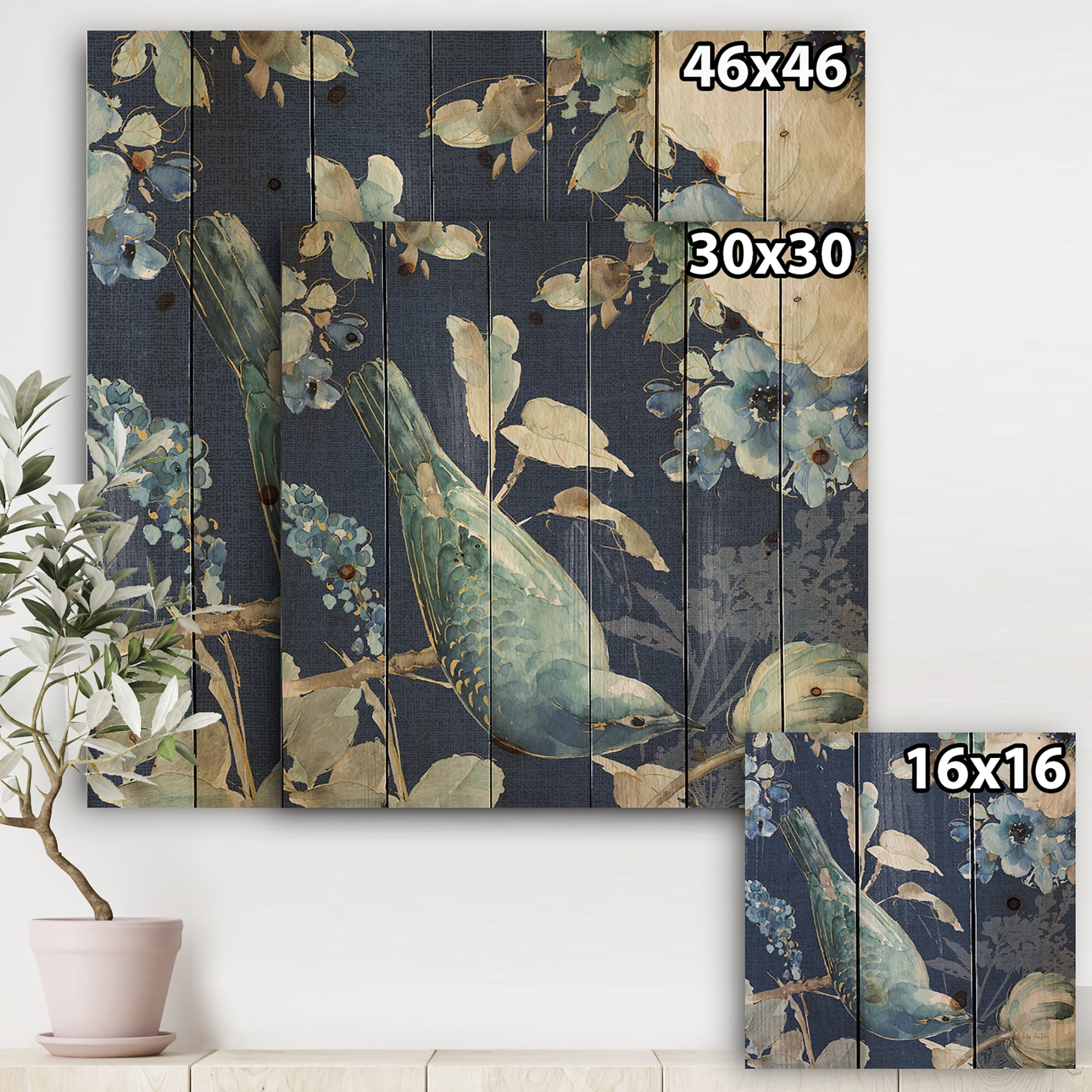 Designart Indi gold Bird Cottage Family IV Farmhouse Print on Natural Pine Wood Art Print, 16" x 16"