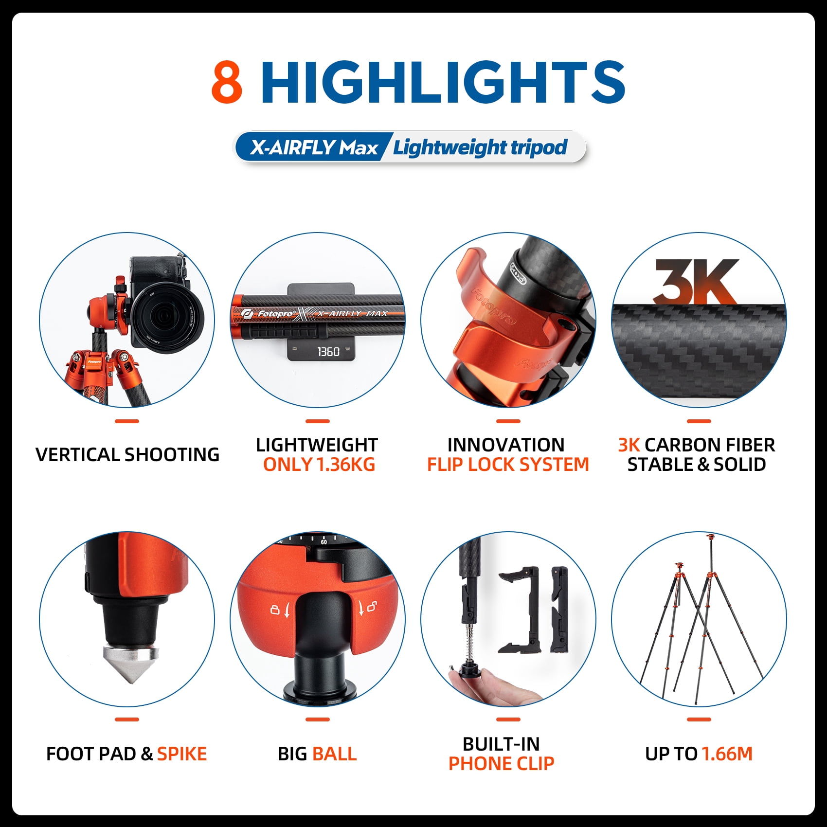 Fotopro X-Airfly Max 65.4" Carbon Fiber Ball Head Tripod, Detachable Monopod, Lightweight Compact Camera Tripod Stand for Travel, Low Angel Shooting, Hidden Phone Clip, Max Load 22 lbs, Grey