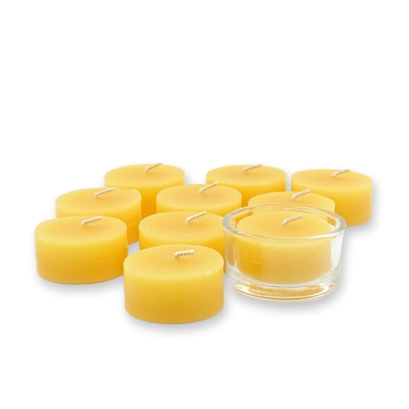100% Pure Raw Beeswax Tea Lights Candles Organic Hand Made (Pack of 10) and 1 Glass Tealight Holder