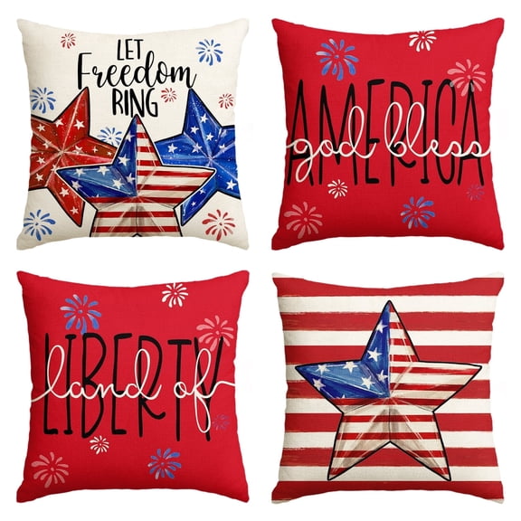 Sm:)e Stars and Stripes Let Freedom Ring Fourth of July Throw Pillow Cover 18x18 Inch Set of 4, Polyester Patriotic Outdoor Pillow Case for Sofa Couch, Red Stripe