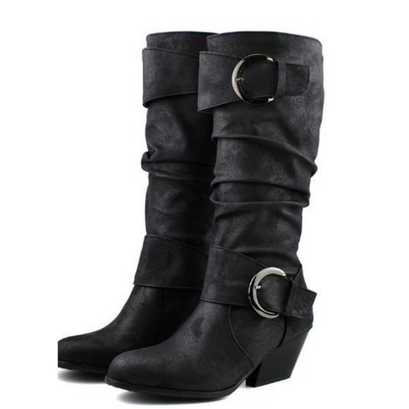 Amzcrzy Mid Calf Boots for Women Leather Face High Boots Thick Heels High Heels Belt Buckles Women's Boots Fashionable Knight Boots Women's Boots Shoes for Women Boots for Women Ladies Boots