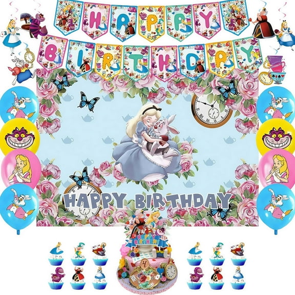 Alice in Wonderland Themed Party Supplies, 39PCS Birthday Decoration Set Including Banner, Balloons, Backdrop, Hanging, Cake Cupcake Toppers, Suitable for Boys and Girls Theme Parties