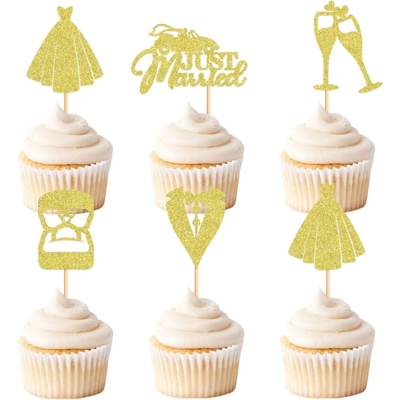 Gold Glitter Wedding Cupcake Toppers, 12 Pack Picks with Just Married, Wedding Dress, Suit, Ring Box & Wine Glasses, Wedding Party Cake Decor Supplies