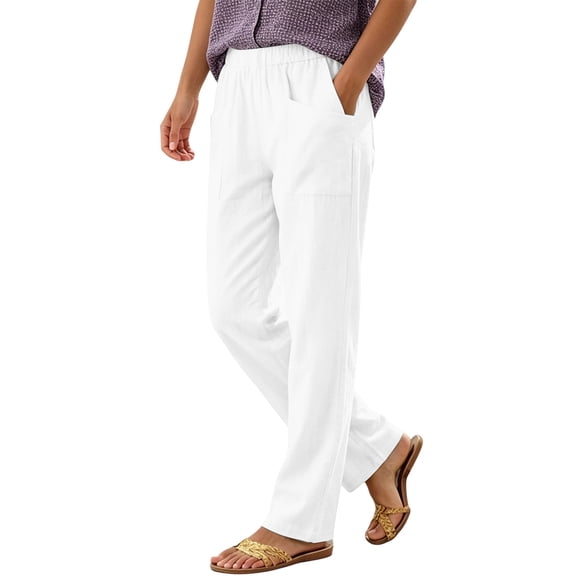 Aofany Womens Pull on Pants Elastic Waist Solid Color Slacks Casual Straight-Leg Trouser with Pockets